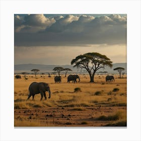 A Vast Savannah With Acacia Trees And A Herd Of Elephants In The Distance Canvas Print