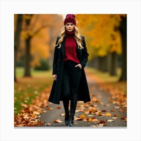 Autumn Woman In Black Coat 1 Canvas Print