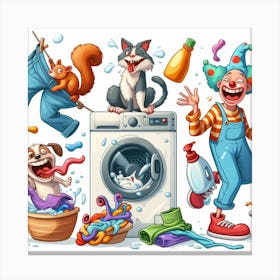Cartoon Clown With Washing Machine Canvas Print