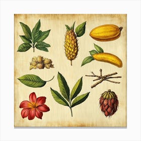 Illustration Of Tropical Fruits And Flowers Art Canvas Print