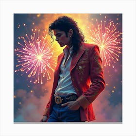 Watercolor Image Of Michael Jackson Amidst Colorful Fireworks 1 Canvas Print