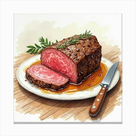 Watercolor Portrayal Of A Tender And Juicy Roast Beef With Gravy On A Stylish Kitchen Table Canvas Print