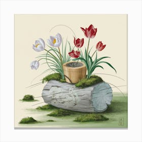 Tulips On A Log Canvas Print