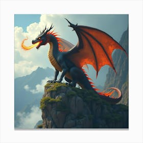 Ancient Dragon Perched On A Craggy Mountain, Breathing Fire Into The Sky 1 Canvas Print