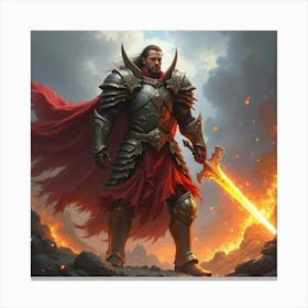 A Fierce Warrior In Enchanted Armor, Wielding A Flaming Sword In Battle 1 Canvas Print