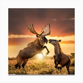 Deer Fighting At Sunset Canvas Print