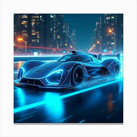 Futuristic Formula Car Glowing In Bright Neon Blue, Racing Through A Cyber Cityscape 1 Canvas Print