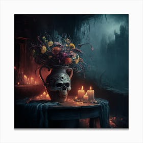 Dark Fantasy Skull Vase and Flowers on rustic table with candles Canvas Print