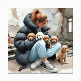 A girl with puppies Canvas Print
