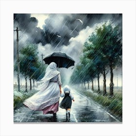 Mother And Child In The Rain 1 Canvas Print