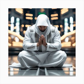 A 3d Dslr Photography Muslim Wearing Futuristic Digital Suit , Praying Towards Makkah Standing Tall Award Winning Photography From The Year 8045(2) Canvas Print