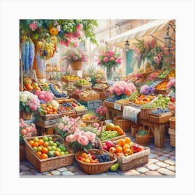 Flower and Fruit Market: A Realistic and Detailed Painting of a Flower and Fruit Market with Various Types of Flowers and Fruits Canvas Print