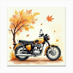 Retro Motorcycle With Autumn Leaves In Watercolor Painting 1 Canvas Print