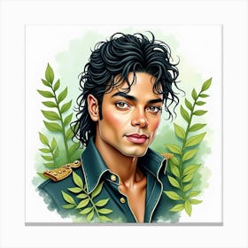 Watercolor Depiction Of Michael Jackson With Lush Greenery 1 Canvas Print