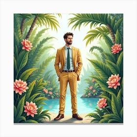 Charming Man In Watercolor Suit, Enchanting Tropical Garden 1 Canvas Print