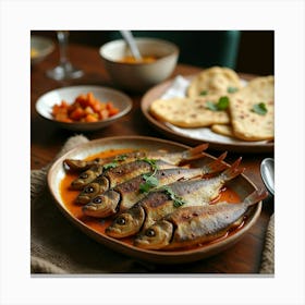 A Traditional Meal With Grilled Fish, Flatbreads, And Spiced Vegetables On A Table Canvas Print