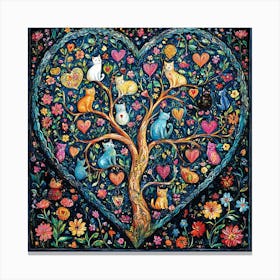 Folk Art Heart Tree Cat Climbing Artwork 9 Canvas Print