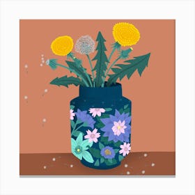 Dandelion Flowers In A Decorated Vase Canvas Print