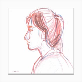 Minimal Red And Blue Color Pencil Portrait Illustration Of A Young Mother Canvas Print