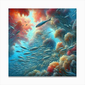 Sardines Swimming In A Surreal Underwater Garden, Style Digital Impressionism Canvas Print