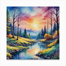 Otherworldly Beauty: Luminescent Mountain Bliss Sunset By The River Canvas Print