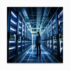 A Large Telecom Datacenter Interior Framed By Numerous Towering Server Racks No Human Presence The (4) Canvas Print