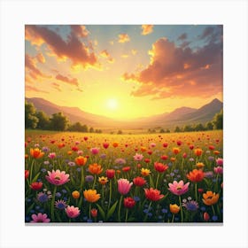 A Picturesque View Of A Field Of Colorful Wildflowers Under A Sunset Sky 2 Canvas Print