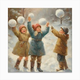 Children Playing With Snowballs Canvas Print