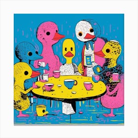 Duckling Afternoon Tea Linocut Style 2 Canvas Print
