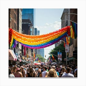 Crowds Of People In Rainbow Attire Fill The Streets Of A Bustling Urban Center At The Multiracial Pr (5) Canvas Print