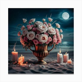 vase of Roses ander moon light 3 Canvas Print