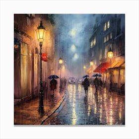 Twilight Rain Ethereal Watercolor Painting Of A Cobblestone Street At Night (1) Canvas Print