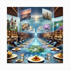 A Futuristic Restaurant Setting With Holographic S Canvas Print