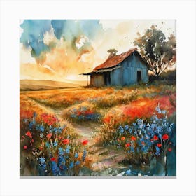 Watercolour Rustic Cottage Landscape Canvas Print