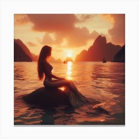 Mermaid Sitting On Rock At Sunset Canvas Print