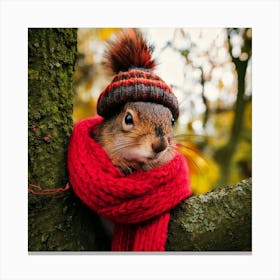 Firefly Squirrel, Closeup, Cute, Knitted, Hat, Scarf, Branch, Tree, Autumn, Cozy, Woodland, Nature, (10) Canvas Print