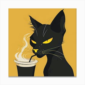 Black Cat Drinking Coffee Canvas Print