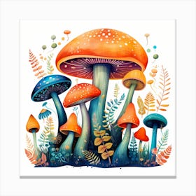 Watercolor Mushrooms And Ferns Canvas Print