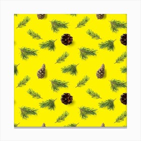 Pine Cones On Yellow Background Canvas Print