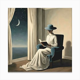 Evening Repose: Serene Woman Reading Book by Moonlight Canvas Print