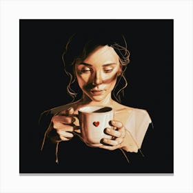 A Delicate Minimalist Portrait Of A Woman Holding A CUP OF COFFE Canvas Print