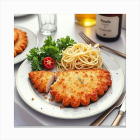 Watercolor Portrayal Of A Savory And Hearty Pork Schnitzel On A Fine Dining Table Canvas Print