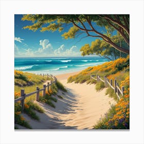 Tranquil Shores: A Serene Beachscape with Vibrant Wildflowers 1 Canvas Print