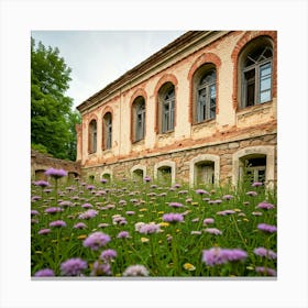 Abandoned Building With Purple Flowers Canvas Print