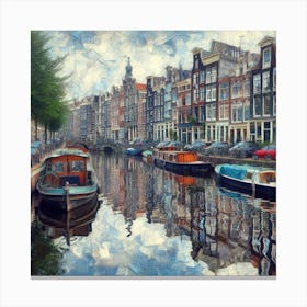 Amsterdam Canals - A canal scene in Amsterdam, but the houses and boats are not reflected in the water in a normal way. Instead, they are reflected in a distorted and fractured way, creating a sense of illusion and fantasy. The scene is rendered in a realistic, painterly style. 1 Canvas Print