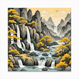 Chinese Landscape With Waterfalls, Black And Yellow Canvas Print