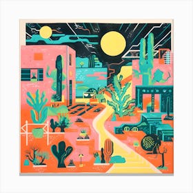 Risograph Style Surreal Illustration, Modern Vibrant Cactus Landscape Canvas Print