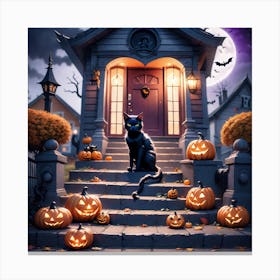 Halloween House With Cat And Pumpkins 1 Canvas Print