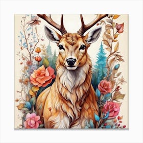 Deer With Roses, wall art, painting design Canvas Print
