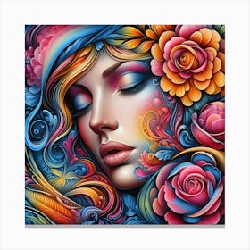 Colorful Girl With Flowers 5 Canvas Print